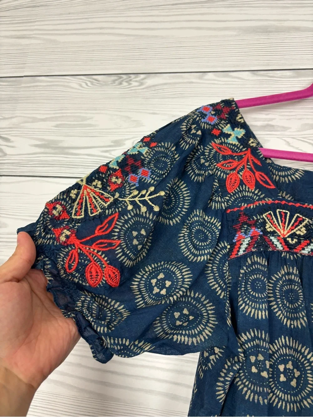 Johnny Was Workshop Mareen puff sleeve embroidered peasant blouse top medium